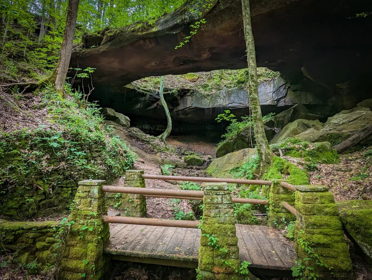 Mossy footbridge leading through a forest under a large rock arch in Bankhead National Forest.