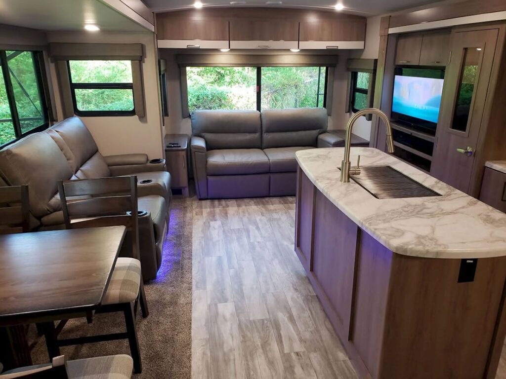 inside parked RV camping at Unhitched Branson RV Park in Branson, Missouri