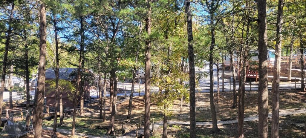 short hiking trail through Unhitched Branson RV Park in Branson, Missouri
