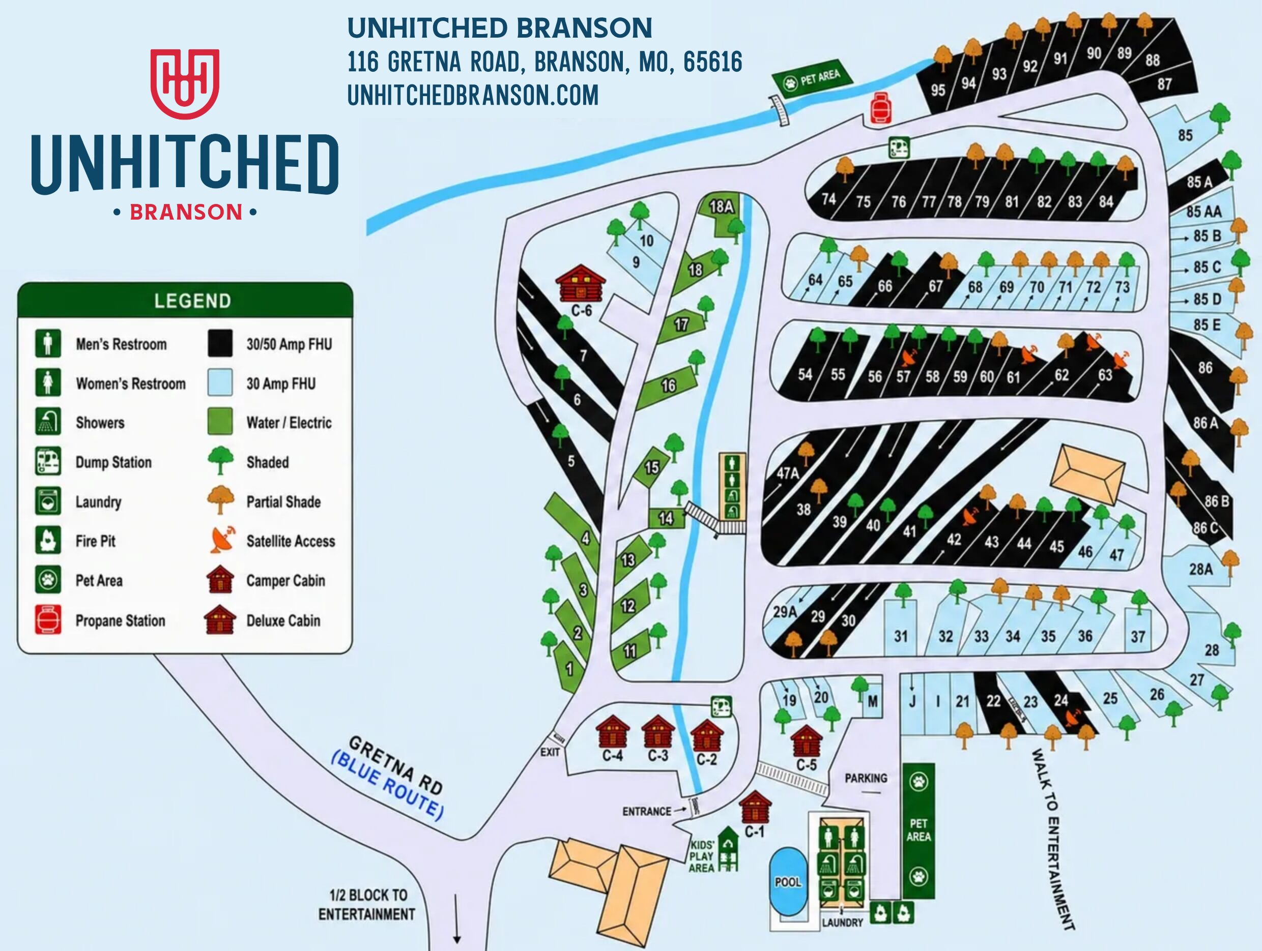 property map of Unhitched Branson RV Park in Branson, Missouri