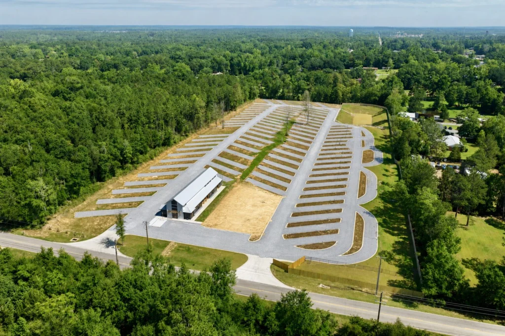 arial overview of Unhitched North Pensacola RV Park in Pensacola, Florida