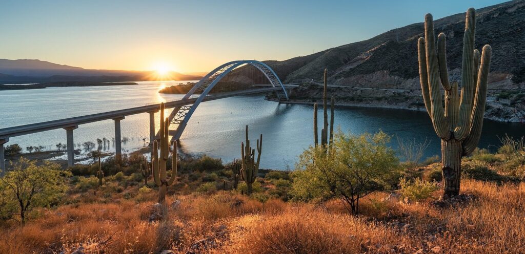 beautiful peaceful sunset over Roosevelt Bridge over Roosevelt Lake in Tonto Basin, Arizona