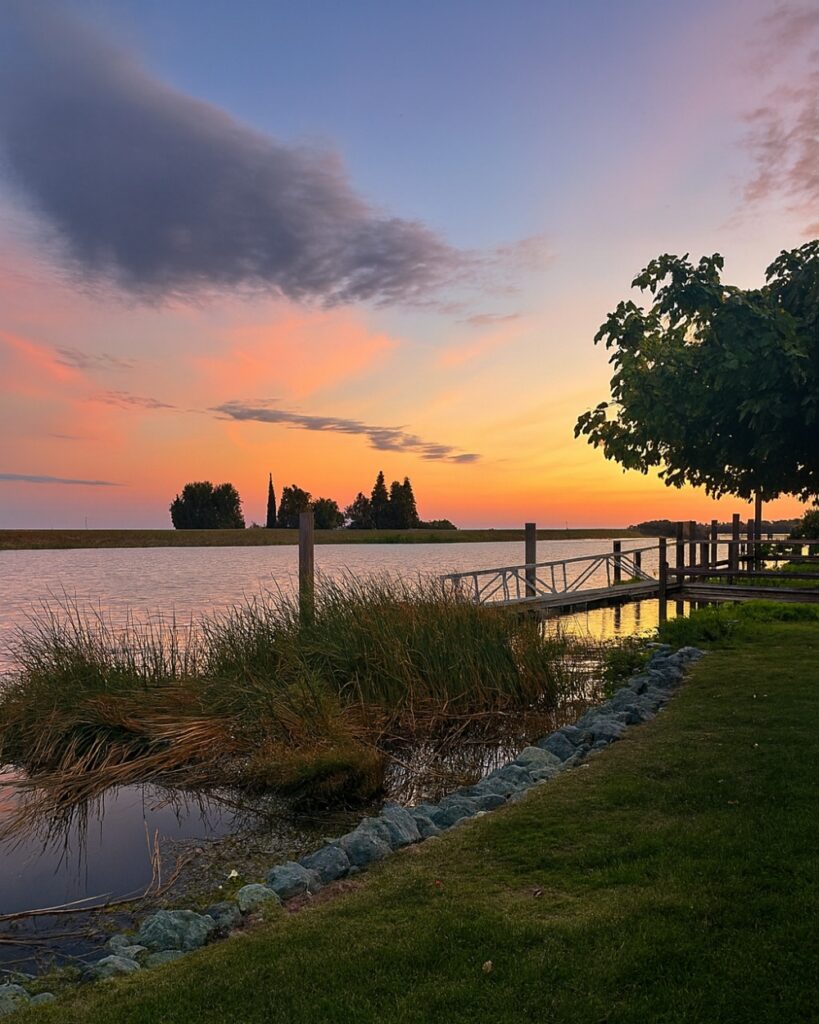 sunset at Snug Harbor Marina along the Sacramento River Delta