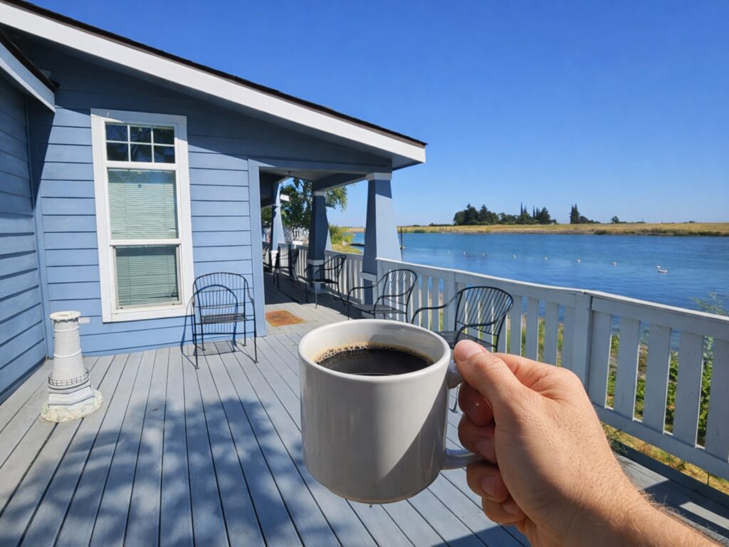 coffee and beautiful mornings along the Sacramento River Delta at Snug Harbor Marina