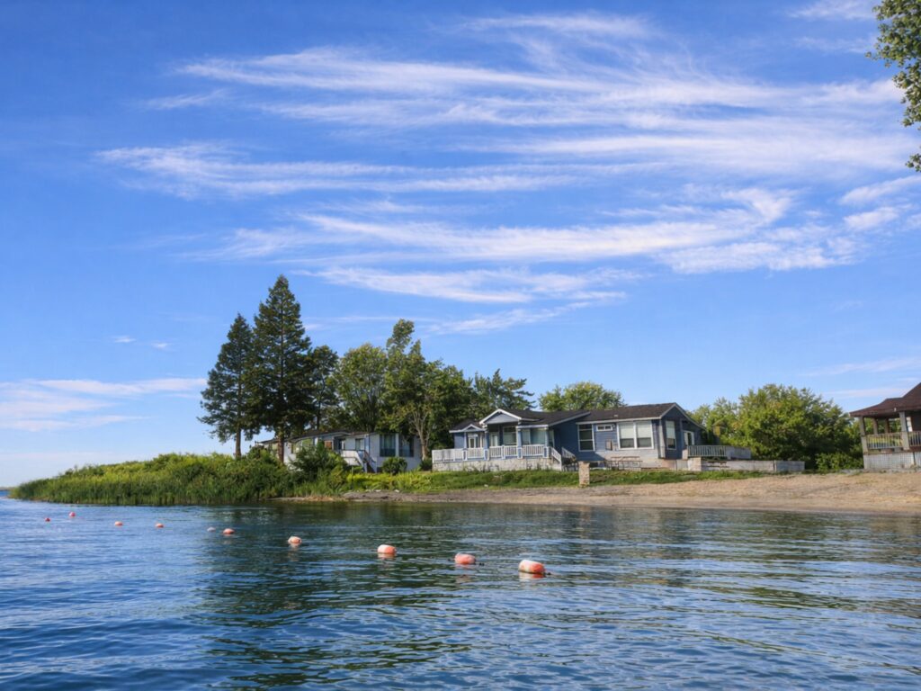 Beautiful cabin view and beach along the Sacramento River Delta at Snug Harbor