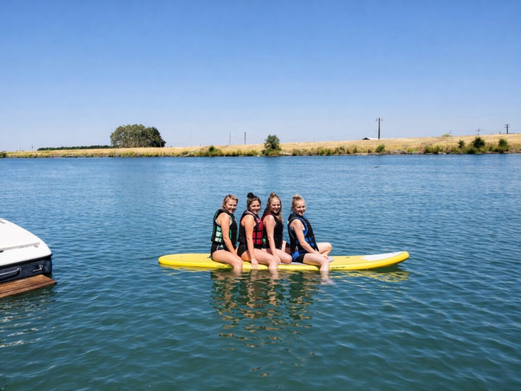 girls paddle boarding along the Sacramento River Delta at Snug Harbor Marina